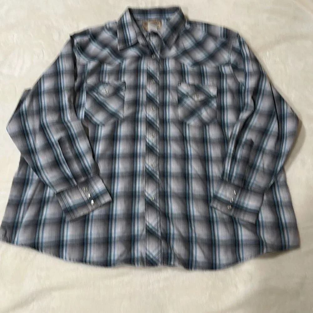 Wrangler 2XL black gray turquoise plaid pearl snap western shirt